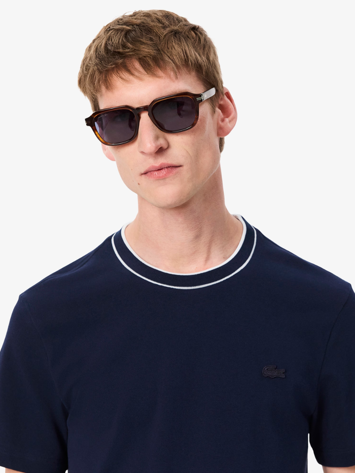 LACOSTE Stretch Piqué Stripe Collar T-shirt Midnight Blue - MAISONDEFASHION.COM
