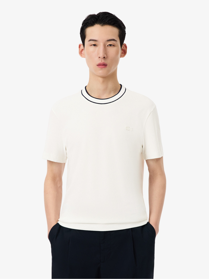 LACOSTE Stretch Piqué Stripe Collar T-shirt White - MAISONDEFASHION.COM