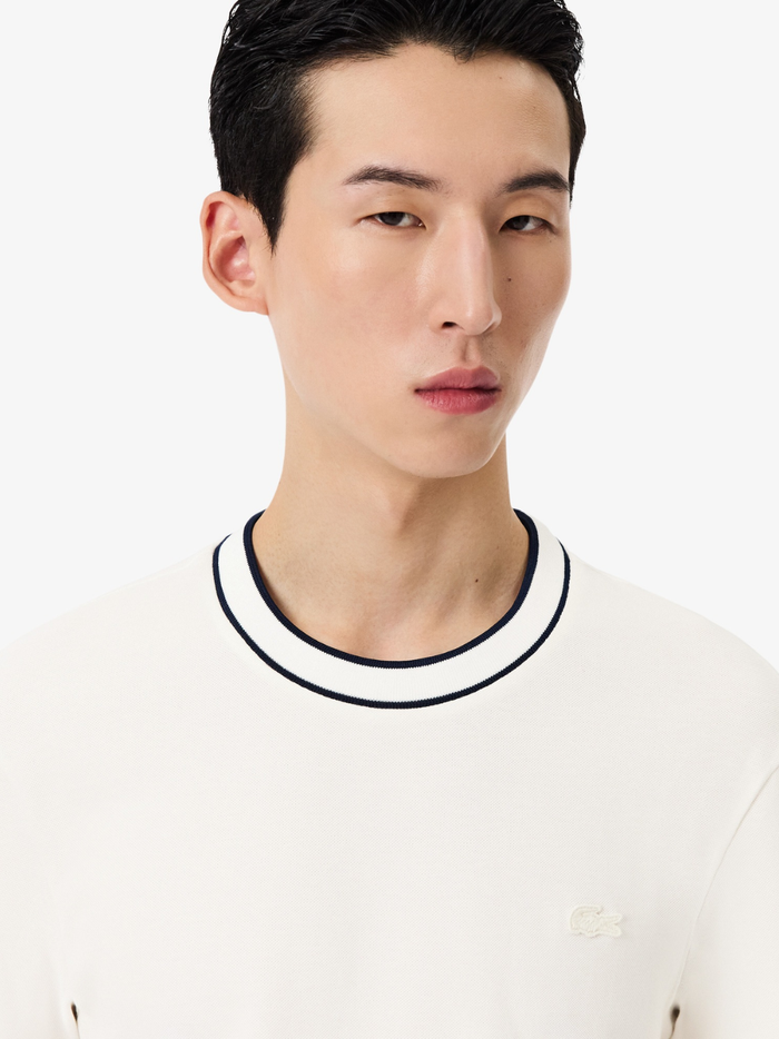 LACOSTE Stretch Piqué Stripe Collar T-shirt White - MAISONDEFASHION.COM