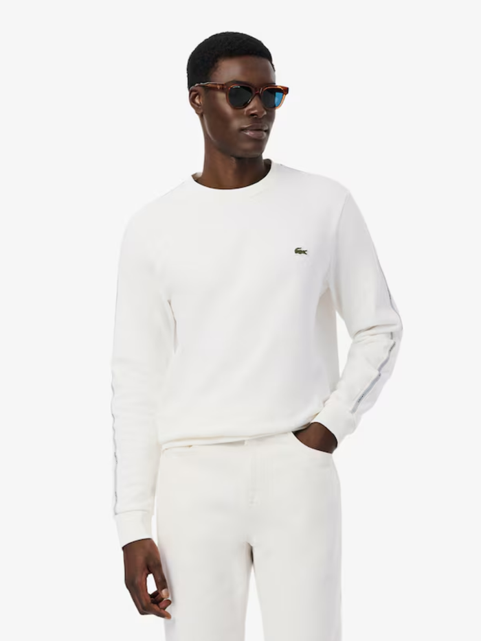 LACOSTE Stripe Band Fleece Sweatshirt White - MAISONDEFASHION.COM