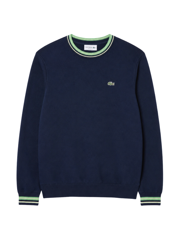 LACOSTE Striped Cotton Jersey Crew Neck Sweater Blue - MAISONDEFASHION.COM