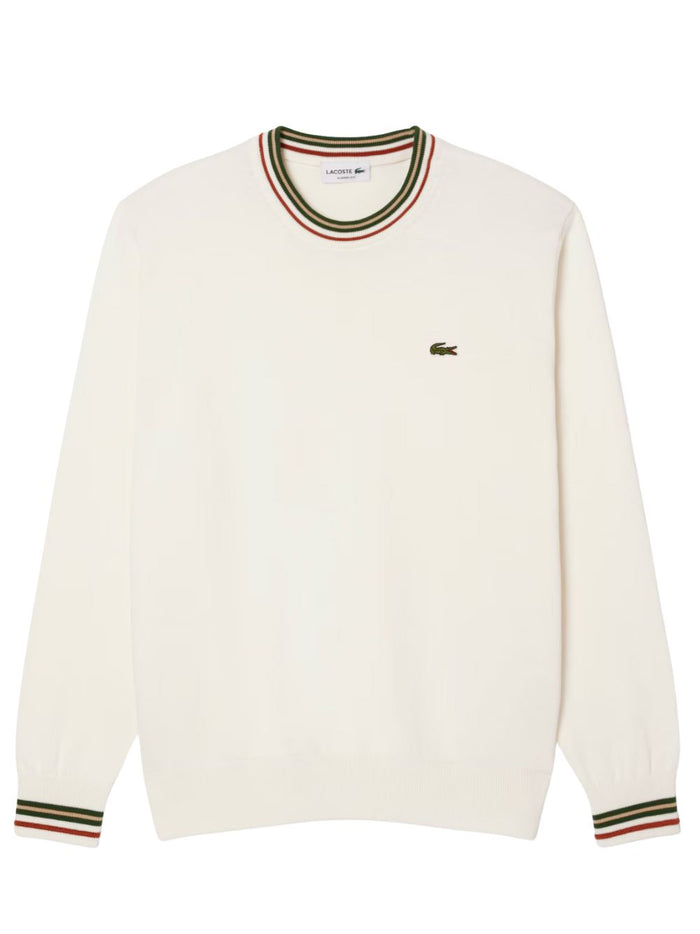 LACOSTE Striped Cotton Jersey Sweater in White - front view showing classic stripe pattern and iconic crocodile logo