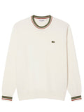 LACOSTE Striped Cotton Jersey Sweater in White - front view showing classic stripe pattern and iconic crocodile logo