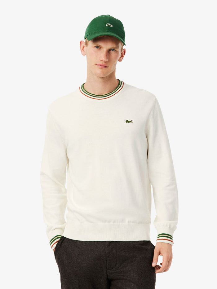 LACOSTE White striped sweater - back view displaying cotton jersey fabric and comfortable fit