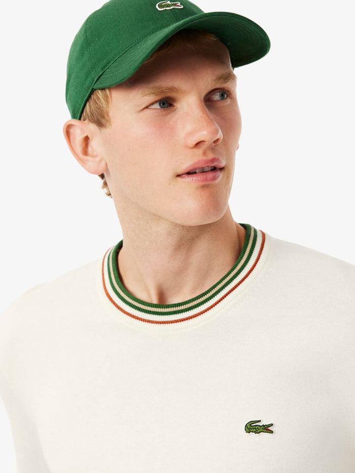 Close-up detail of LACOSTE White striped sweater showing cotton jersey texture and stripe pattern