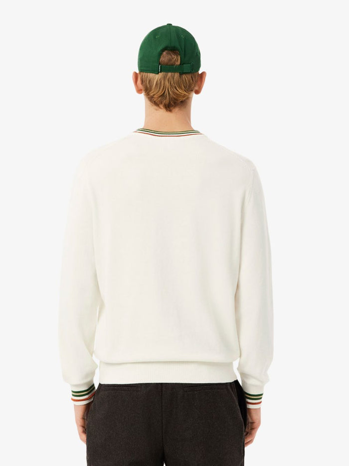 LACOSTE cotton jersey sweater in White - neckline and collar detail featuring classic striped design