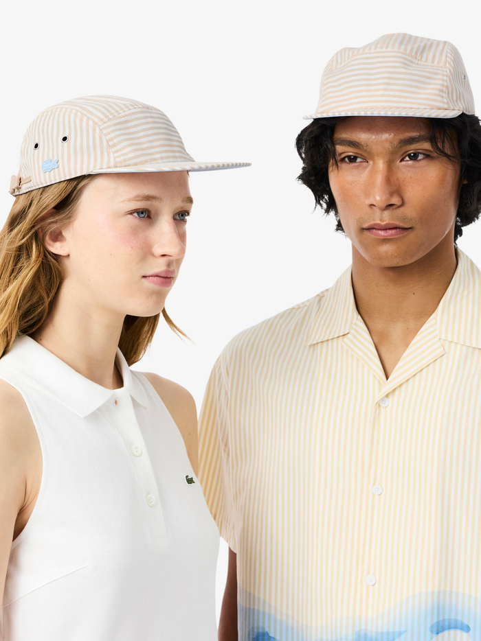 LACOSTE Striped Poplin Jockey Cap Beige/White