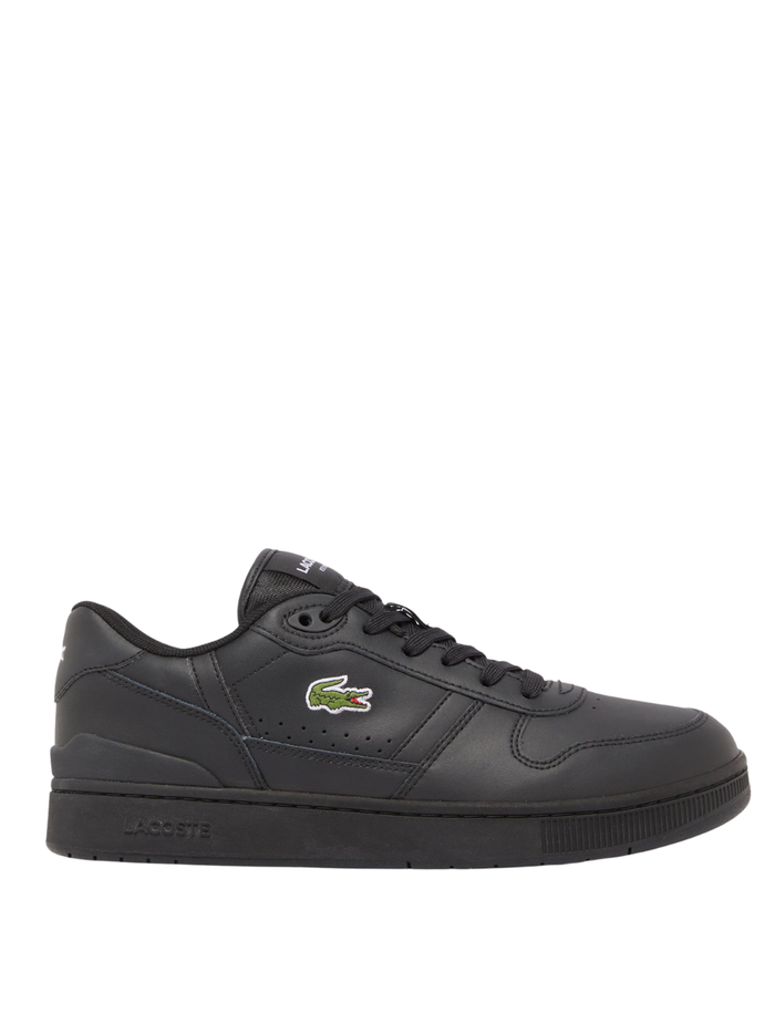 LACOSTE T-Clip Set Black Leather Sneakers - Men's Low-Top Trainers with White Sole and Green Crocodile Logo
