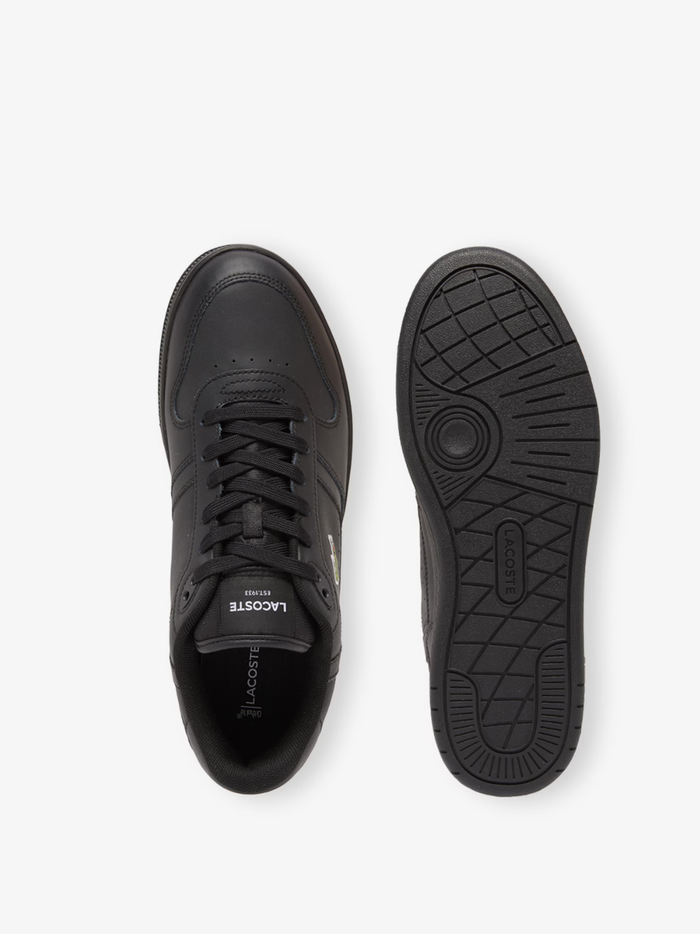 LACOSTE T-Clip Set Black Leather Sneakers - Heel Counter with Embossed Green Crocodile Branding and White Contrast
