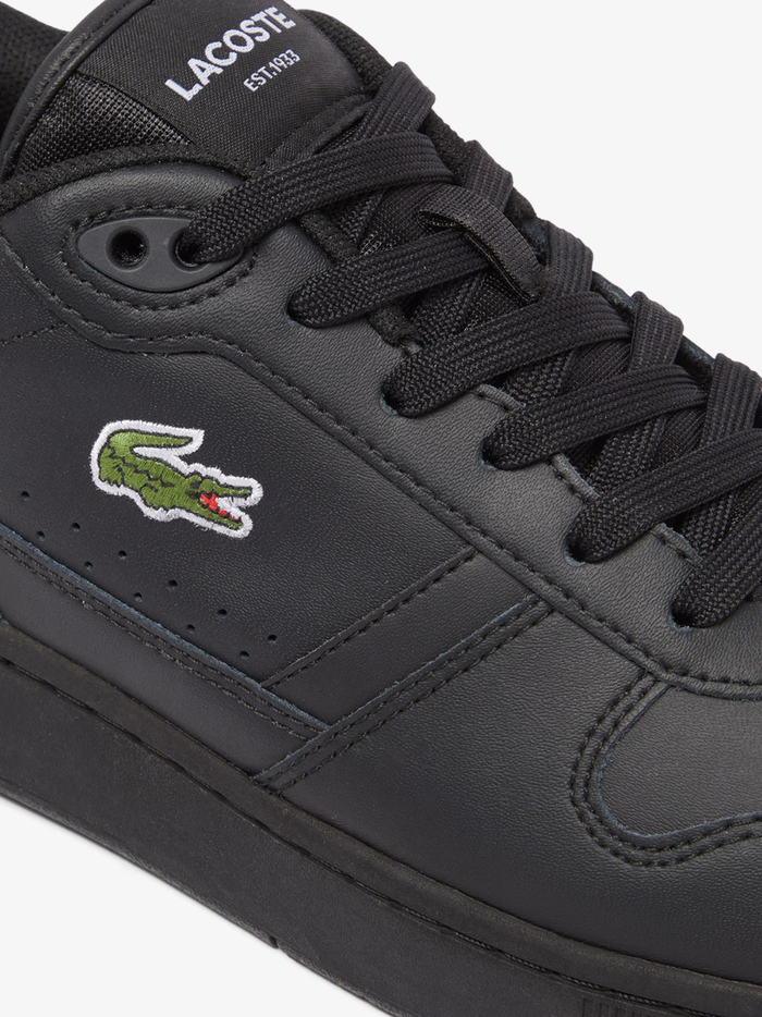 LACOSTE T-Clip Set Black Leather Sneakers - Overhead View of Black Laces and Perforated Detailing