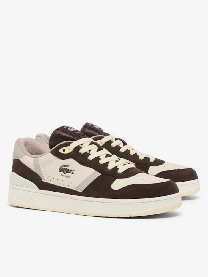 LACOSTE T-Clip Set Leather Sneakers Dark Brown - MAISONDEFASHION.COM