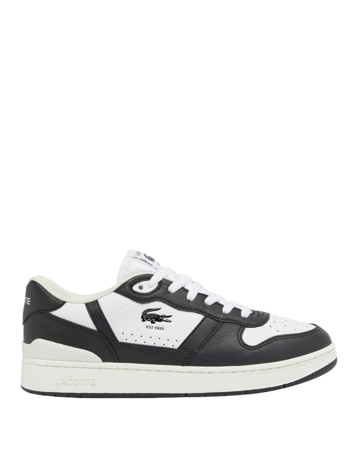 LACOSTE T-Clip Set White and Black Leather Sneakers - Men's Low-Top Trainers with Black Accents and Green Crocodile Logo