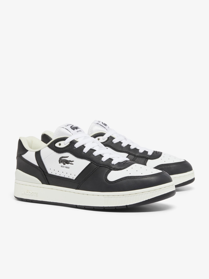LACOSTE T-Clip Set White and Black Leather Sneakers - Front Toe Box View Displaying Clean Two-Tone Design