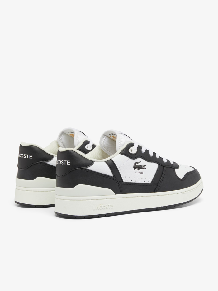 LACOSTE T-Clip Set White and Black Leather Sneakers - Heel Counter with Black Stripe and Embossed Green Crocodile Branding