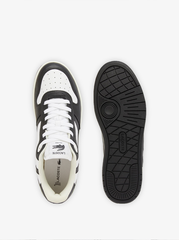 LACOSTE T-Clip Set White and Black Leather Sneakers - Overhead View of White Laces and Black Contrast Panels