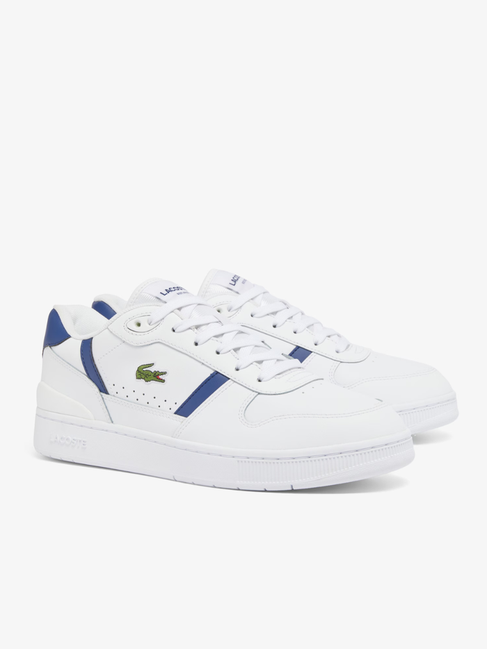 LACOSTE T-Clip Set White and Navy Leather Sneakers - Inner Side View Showing Premium Leather Construction and Navy Detailing