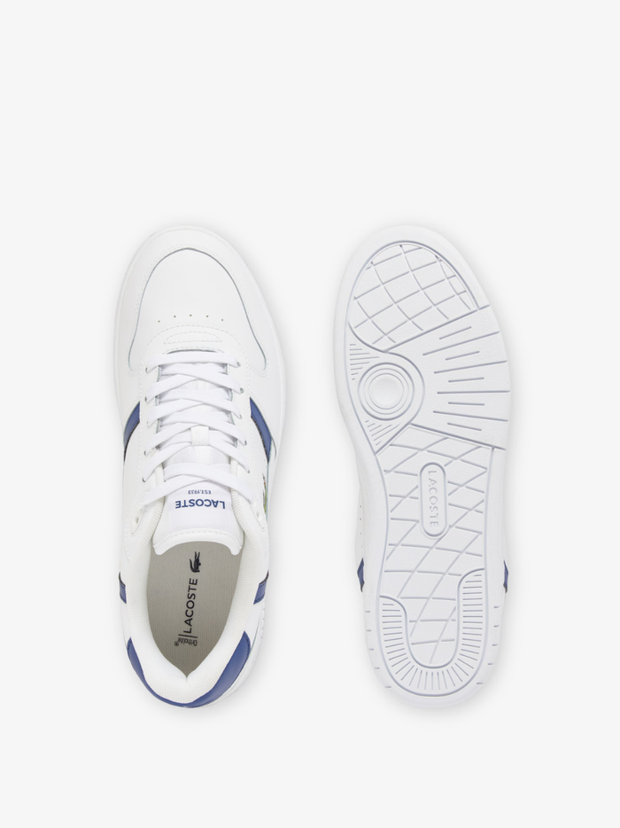 LACOSTE T-Clip Set White and Navy Leather Sneakers - Heel Counter with Navy Stripe and Embossed Green Crocodile Branding