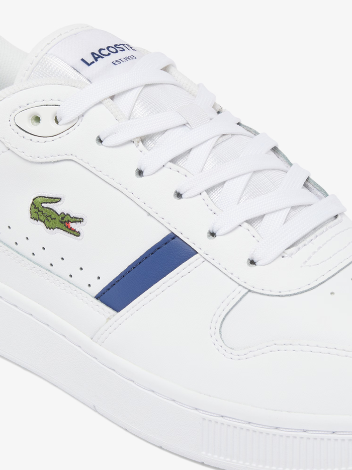 LACOSTE T-Clip Set White and Navy Leather Sneakers - Overhead View of White Laces and Navy Contrast Panels