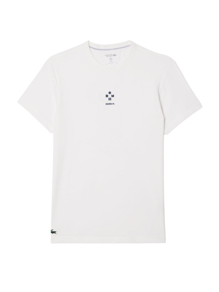 LACOSTE Tennis x Daniil Medvedev Ultra Dry T-shirt in White - front view showing performance design and iconic crocodile logo