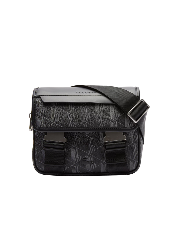 LACOSTE The Blend clip flap satchel in black and grey monogram canvas with adjustable crossbody strap