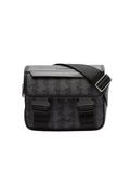 LACOSTE The Blend clip flap satchel in black and grey monogram canvas with adjustable crossbody strap