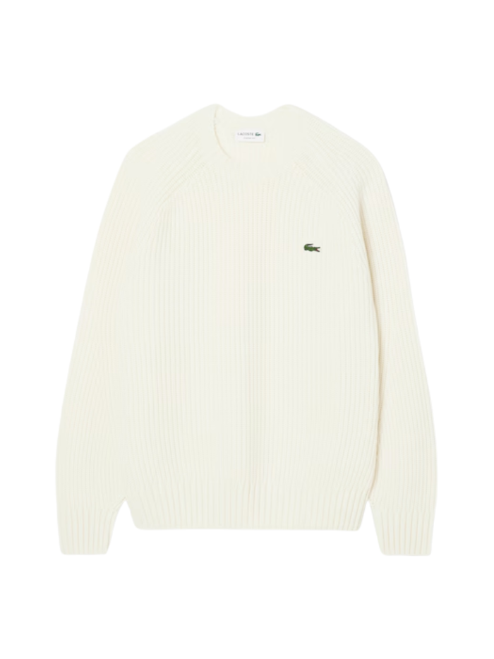 LACOSTE Thick Wool Crew Neck Sweater Ecru White - MAISONDEFASHION.COM