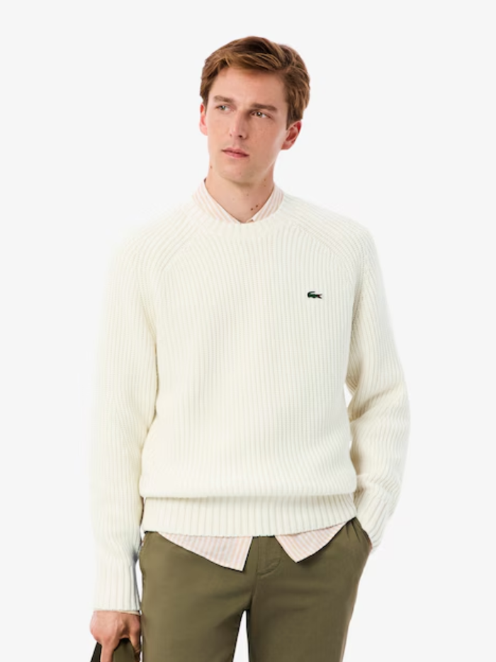 LACOSTE Thick Wool Crew Neck Sweater Ecru White - MAISONDEFASHION.COM