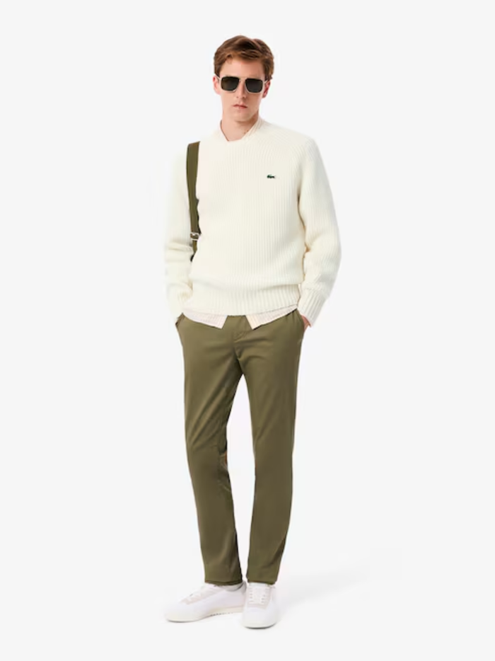 LACOSTE Thick Wool Crew Neck Sweater Ecru White - MAISONDEFASHION.COM
