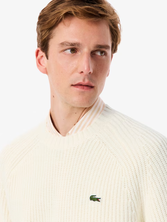 LACOSTE Thick Wool Crew Neck Sweater Ecru White - MAISONDEFASHION.COM