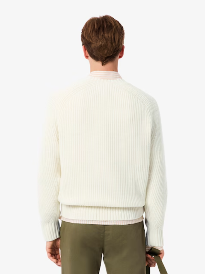LACOSTE Thick Wool Crew Neck Sweater Ecru White - MAISONDEFASHION.COM