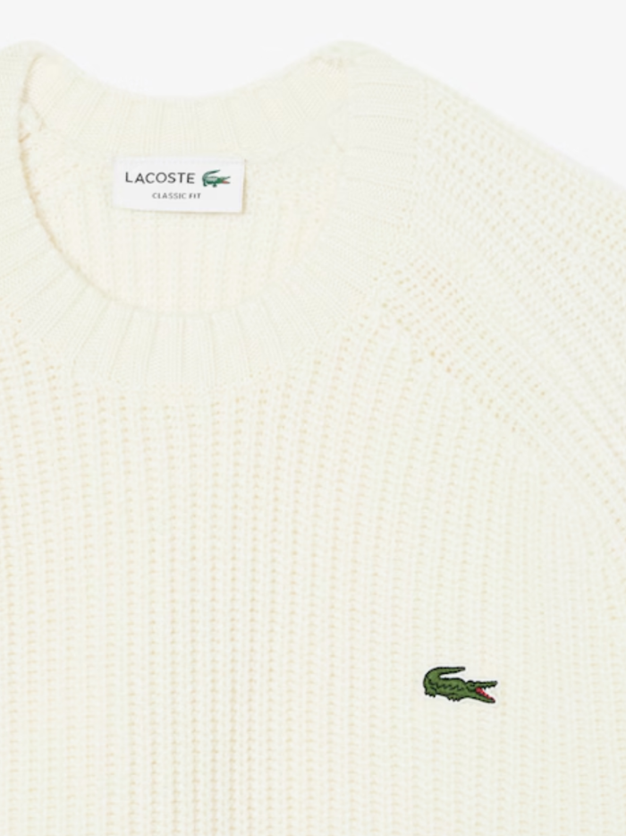 LACOSTE Thick Wool Crew Neck Sweater Ecru White - MAISONDEFASHION.COM