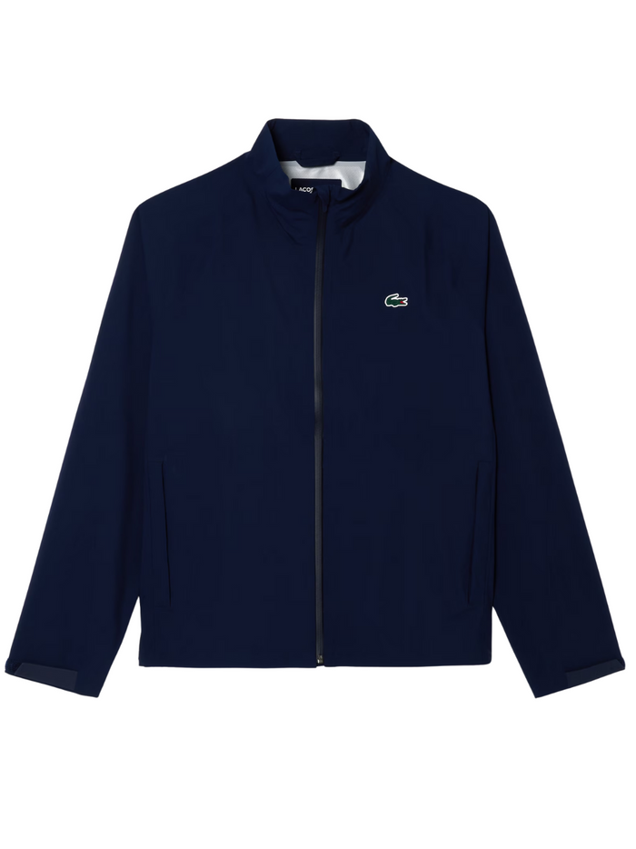 LACOSTE Water-Repellent Golf Stretch Windbreaker in navy - front view showing athletic fit and zip-up design for golf performance