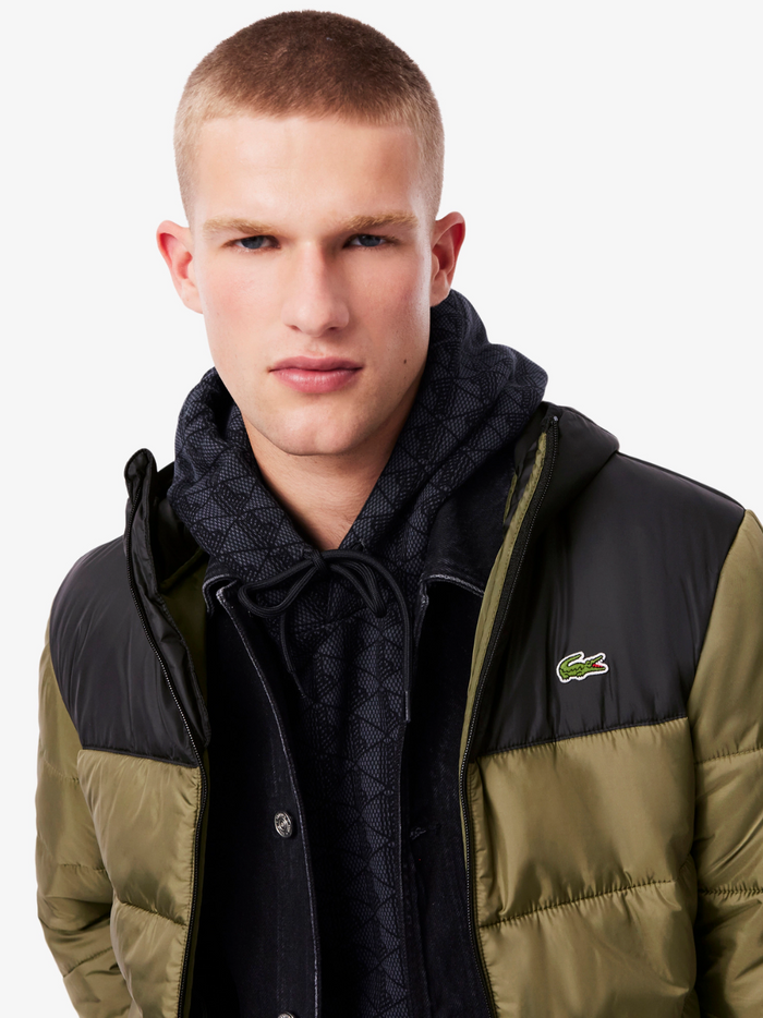 LACOSTE Green Puffed Jacket - close-up detail of quilted pattern, water-repellent fabric texture and craftsmanship