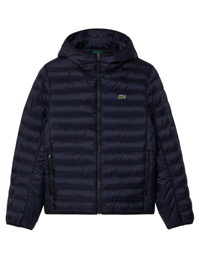 LACOSTE Water-Repellent Quilted Puffed Jacket in navy - front view showing quilted design, zip-up closure and insulated puffed construction