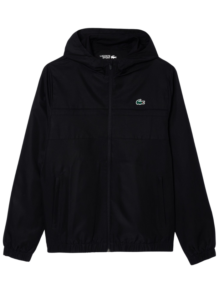 LACOSTE Water-Repellent Sport Track Jacket in Black - Front view showcasing full zip closure and iconic crocodile logo