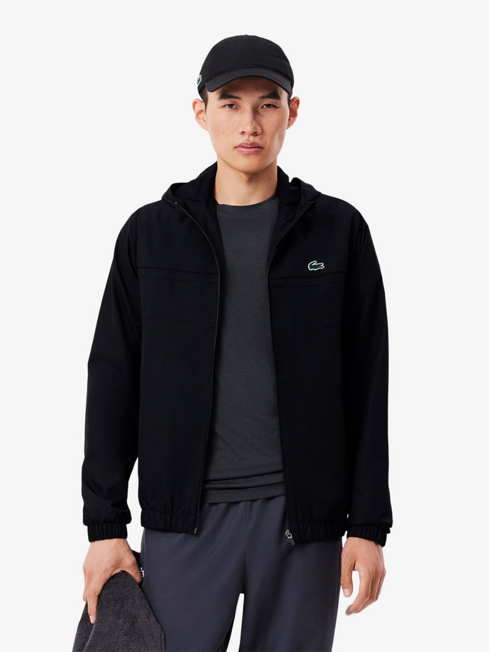 LACOSTE Black Sport Track Jacket - Back view displaying water-repellent fabric and athletic fit design