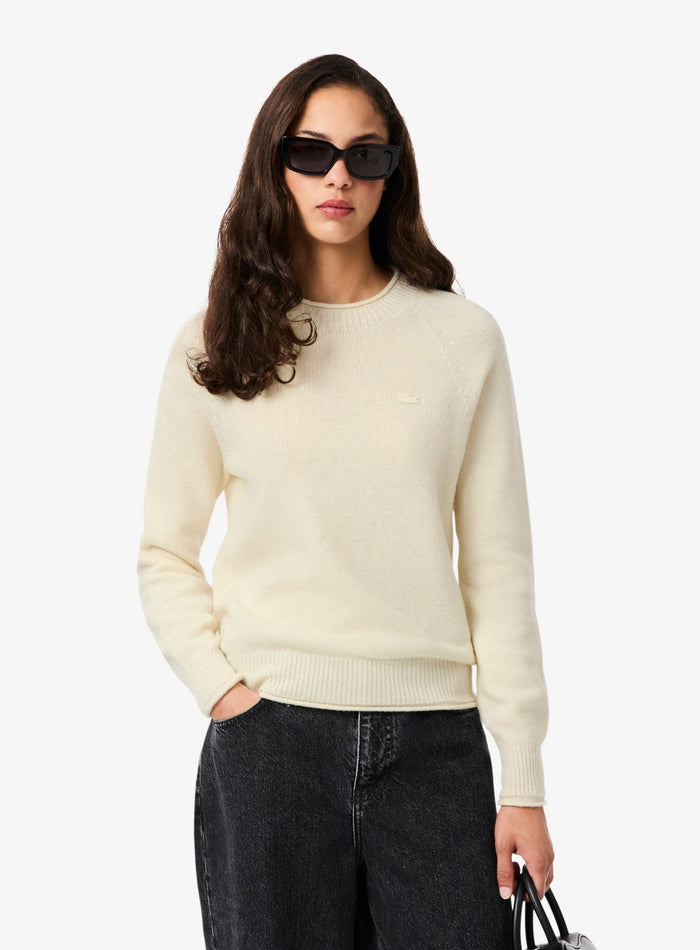 LACOSTE WOMEN 3D Knit Carded Wool Sweater Ecru White - MAISONDEFASHION.COM