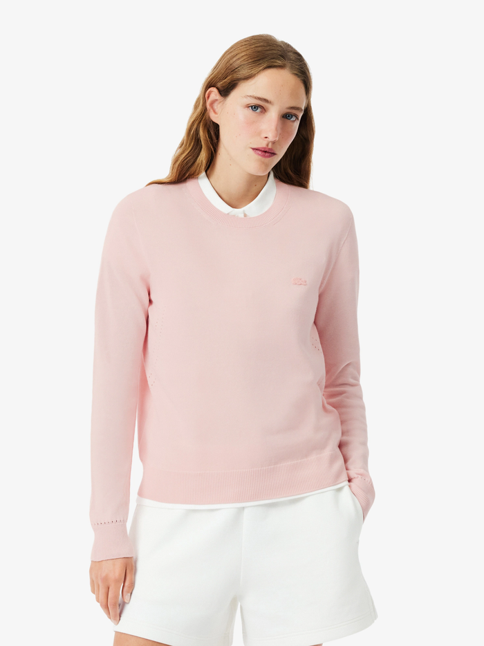 LACOSTE WOMEN 3D Knit Crew Neck Sweater Light Pink - MAISONDEFASHION.COM