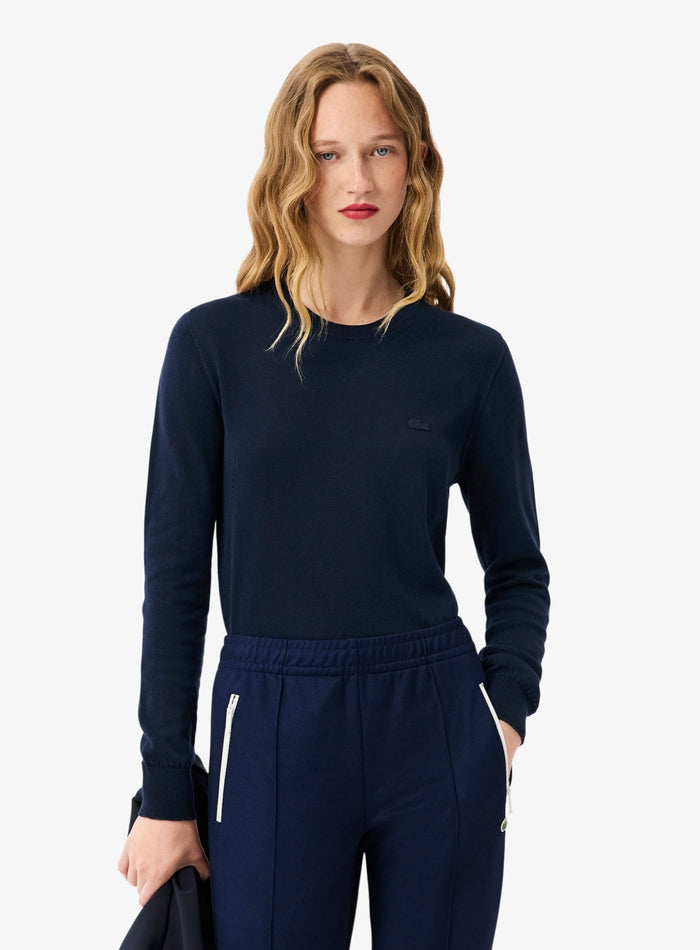 LACOSTE WOMEN 3D Knit Crew Neck Sweater Midnight Blue - MAISONDEFASHION.COM