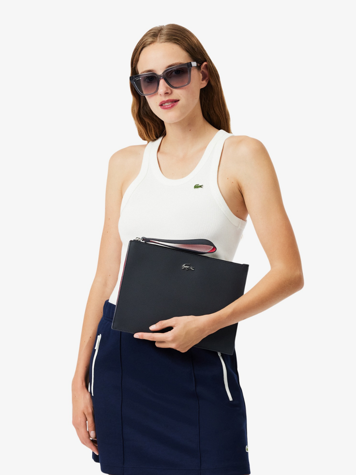 LACOSTE WOMEN Anna Coated Piqué Canvas Pouch Abimes Petunia Grey - MAISONDEFASHION.COM