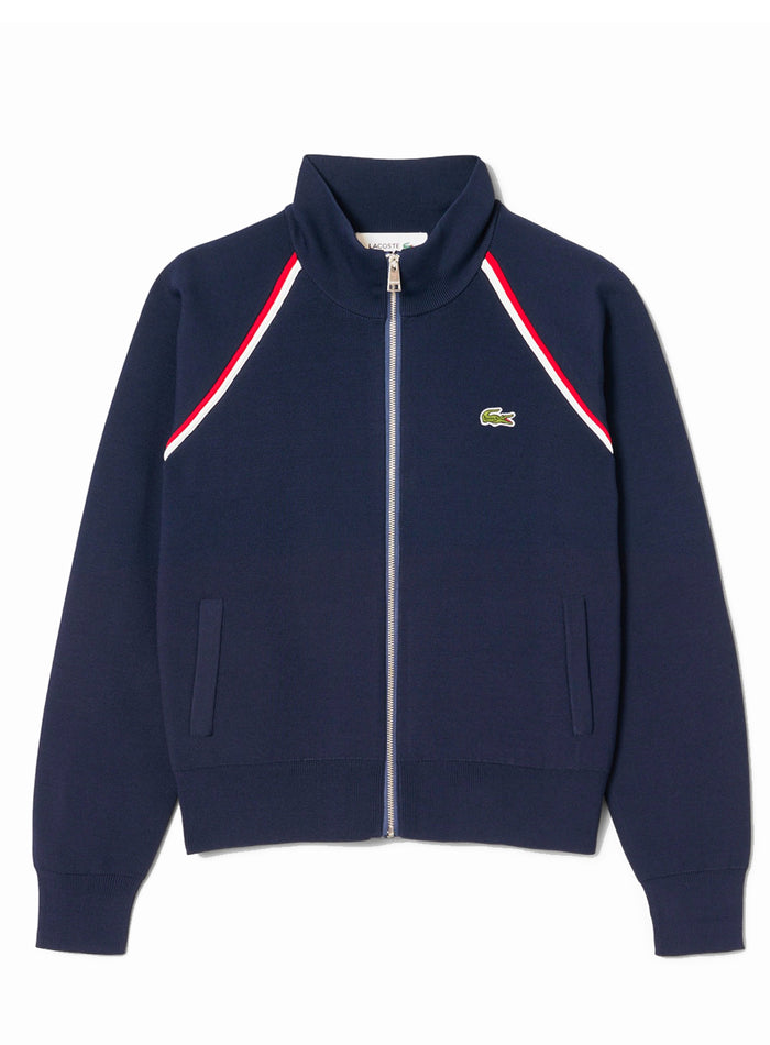 LACOSTE WOMEN High-Neck Zip Front Double Face Classic fit Sweater Navy - MAISONDEFASHION.COM