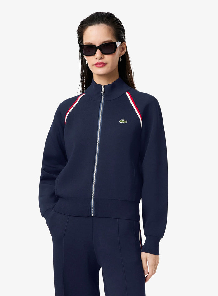 LACOSTE WOMEN High-Neck Zip Front Double Face Classic fit Sweater Navy - MAISONDEFASHION.COM
