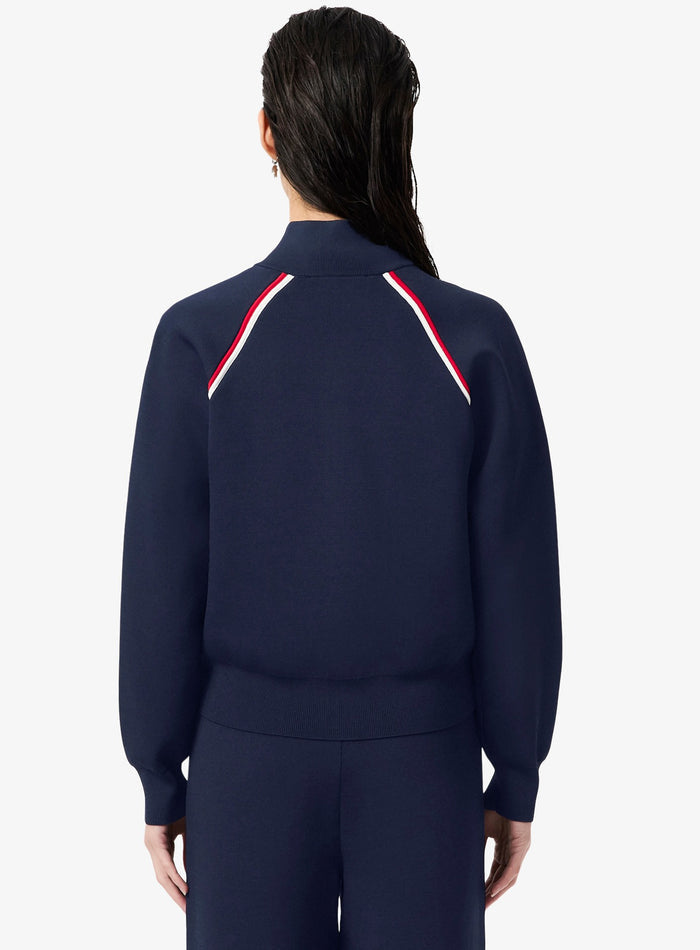 LACOSTE WOMEN High-Neck Zip Front Double Face Classic fit Sweater Navy - MAISONDEFASHION.COM