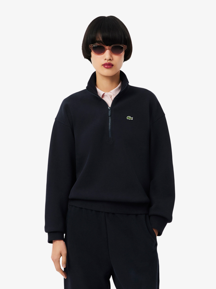 LACOSTE WOMEN High Neck Zipped Piqué Sweatshirt Navy Blue - MAISONDEFASHION.COM