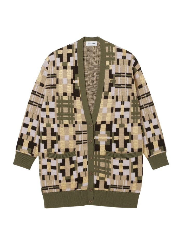 LACOSTE WOMEN Jacquard graphic long cardigan Khaki Beige - MAISONDEFASHION.COM
