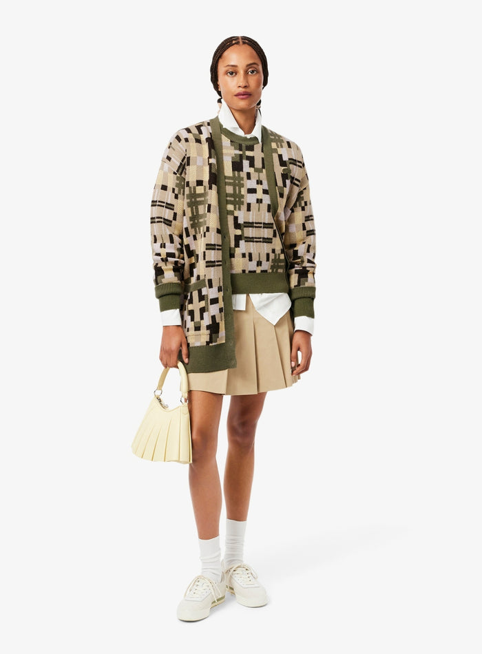 LACOSTE WOMEN Jacquard graphic long cardigan Khaki Beige - MAISONDEFASHION.COM