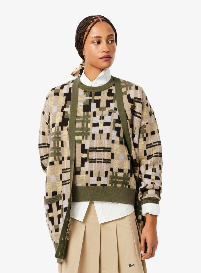 LACOSTE WOMEN Jacquard graphic long cardigan Khaki Beige - MAISONDEFASHION.COM