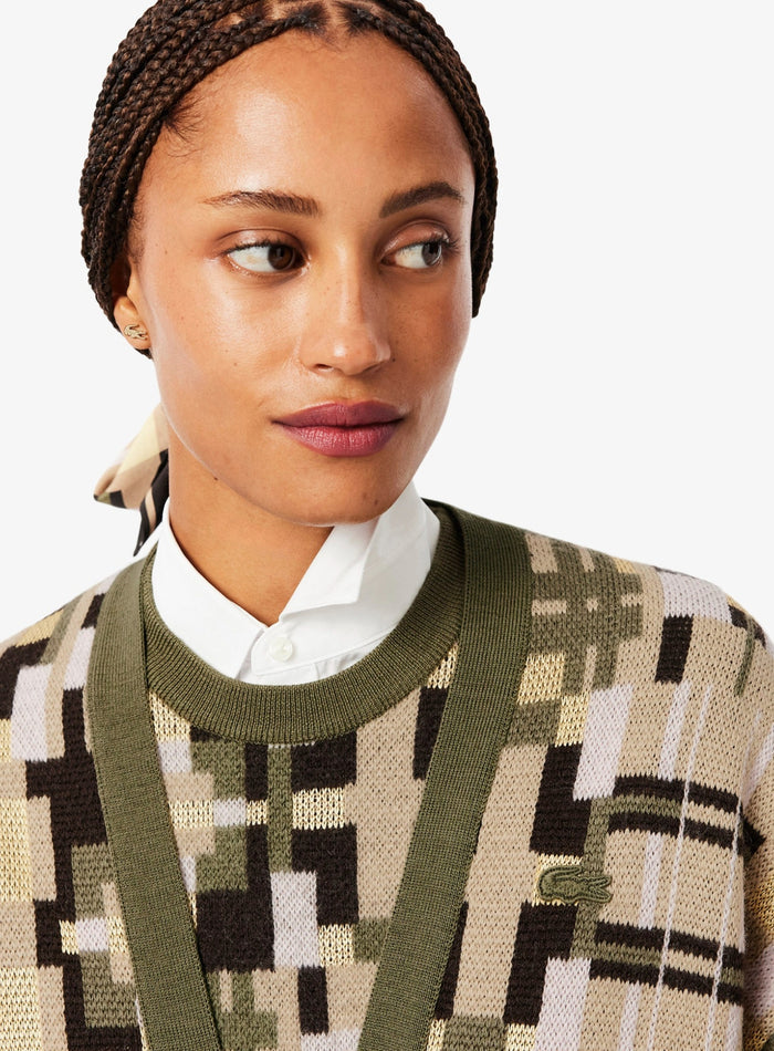 LACOSTE WOMEN Jacquard graphic long cardigan Khaki Beige - MAISONDEFASHION.COM