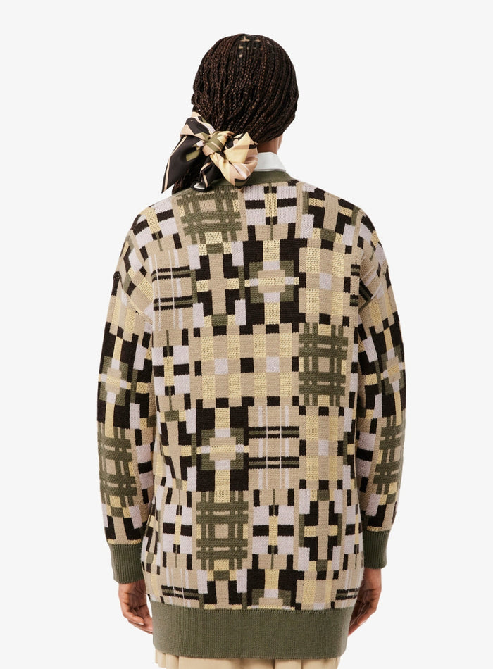 LACOSTE WOMEN Jacquard graphic long cardigan Khaki Beige - MAISONDEFASHION.COM