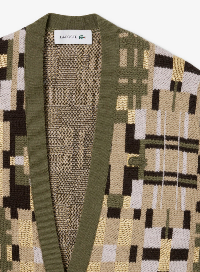 LACOSTE WOMEN Jacquard graphic long cardigan Khaki Beige - MAISONDEFASHION.COM